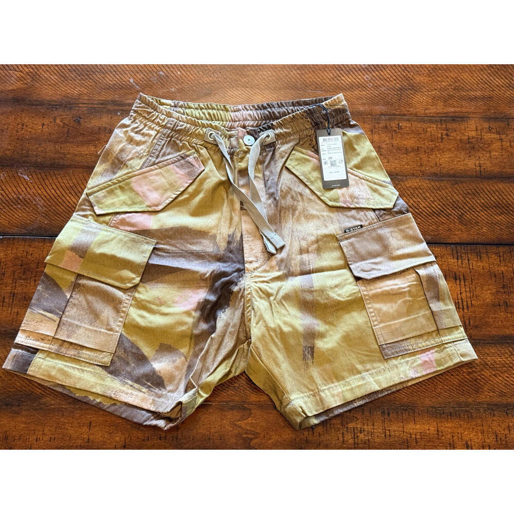 G-Star Distressed Camo-Print Cargo Shorts in Tan & Pink Wash